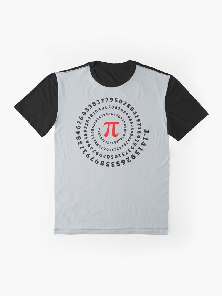 Spiral pi symbol graphic on black t-shirt, featuring mathematics, science, and irrational number design. - Flat lay