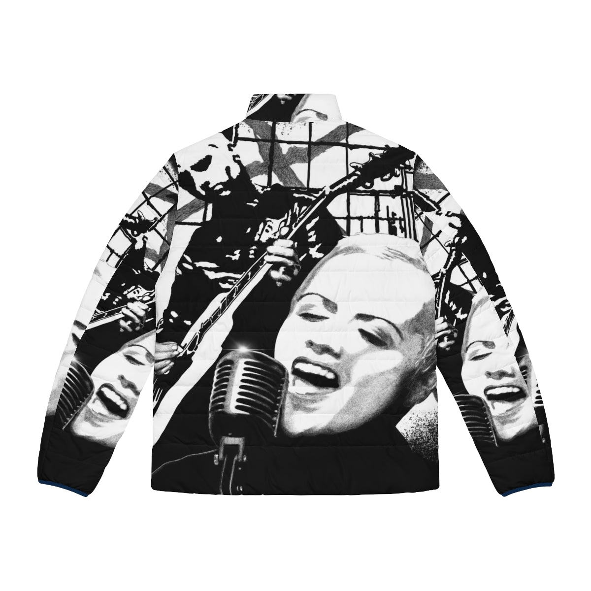 Dolores O'Riordan inspired black and white puffer jacket with pen and ink fan art design - Back