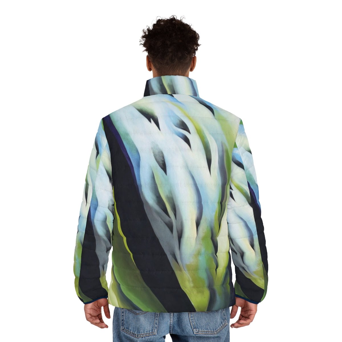 Georgia O'Keeffe inspired puffer jacket with vibrant blue and green floral abstraction design - men back