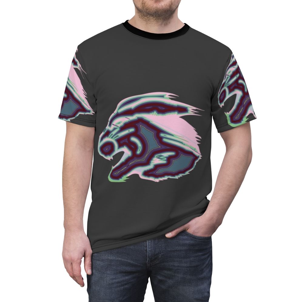 Artistic t-shirt design featuring a colorful, abstract cougar - a legendary animal of nature. - men front