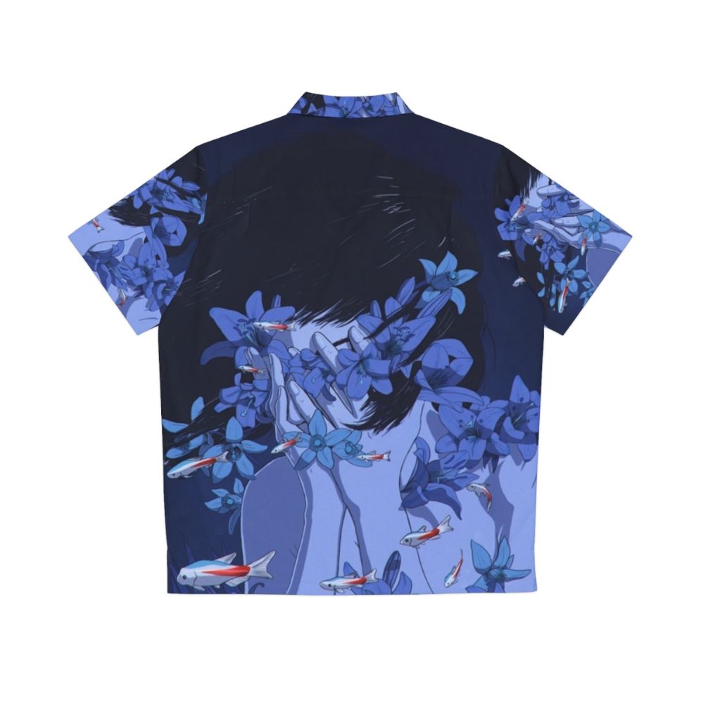 Retro blue Hawaiian shirt with anime-inspired cartoon design - Back