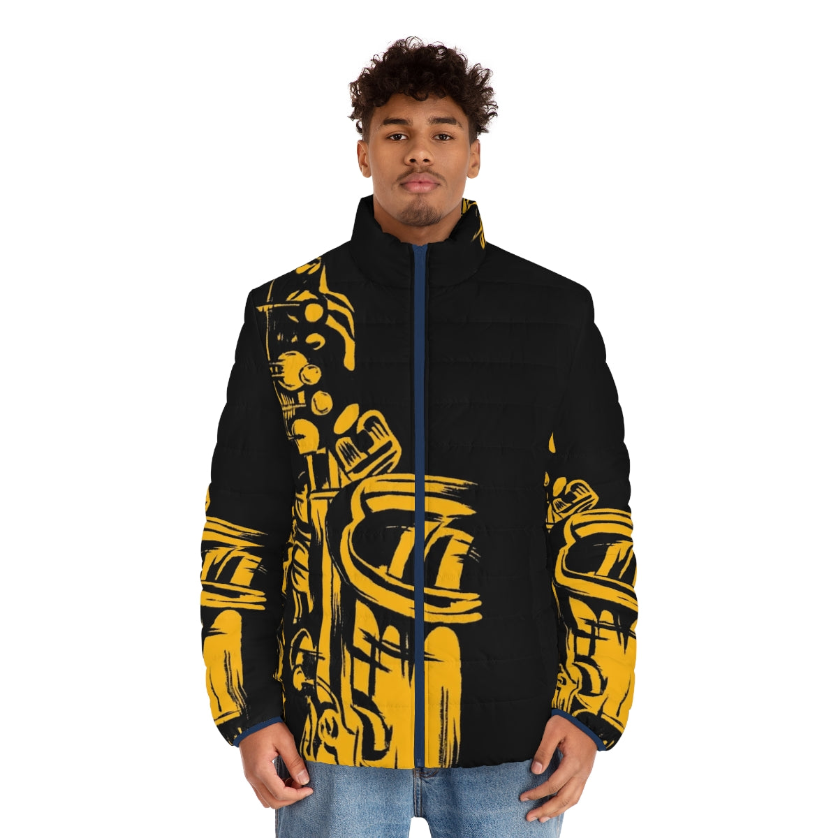 Saxophone Keywork Puffer Jacket featuring a silhouette of a saxophone player against a reflective, metallic background - men front