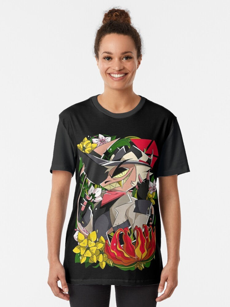 A graphic t-shirt featuring the character Striker from the popular anime/manga series Helluva Boss. - Women