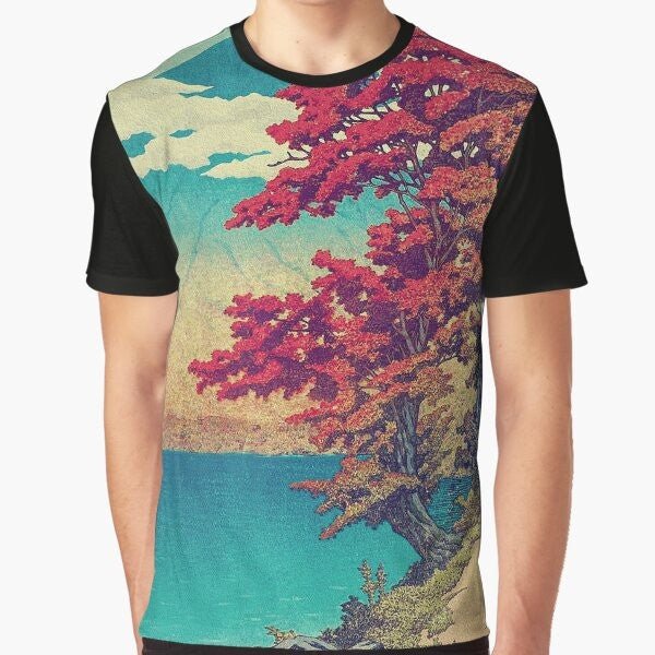 Ukiyo-e inspired landscape graphic t-shirt featuring a mountain, lake, and clouds in shades of red, blue, and summer/autumn tones