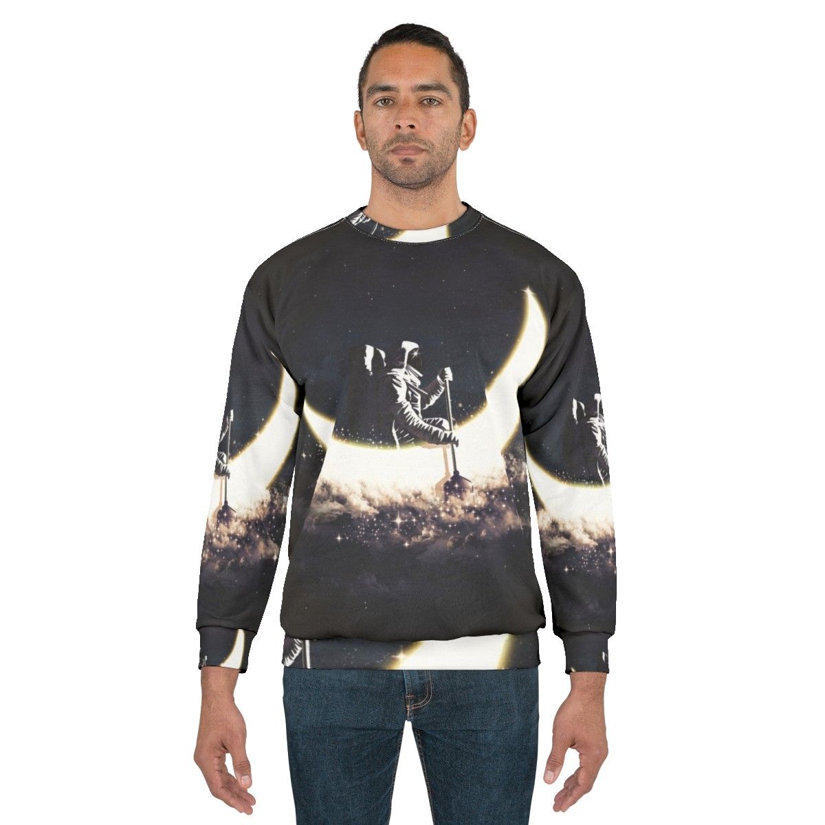 Cosmic Moon Sailing Sweatshirt featuring an abstract space and astronaut design - men