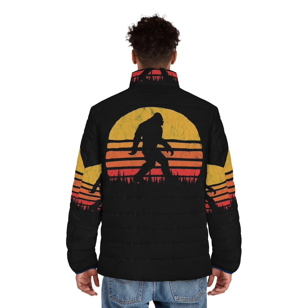 Retro puffer jacket with bigfoot silhouette and vintage sunset design - men back