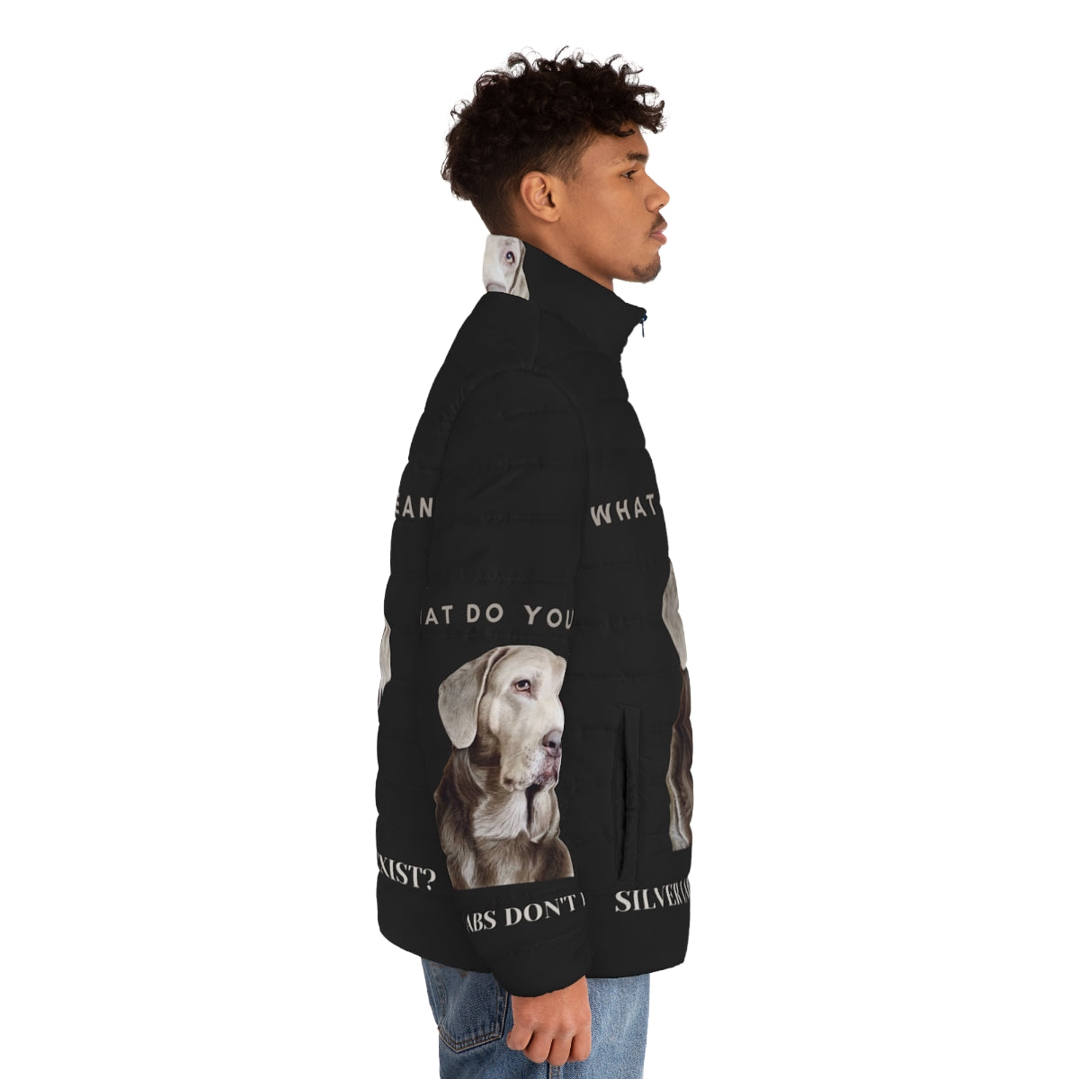 Silver Labrador Retriever wearing a warm puffer jacket - men side right