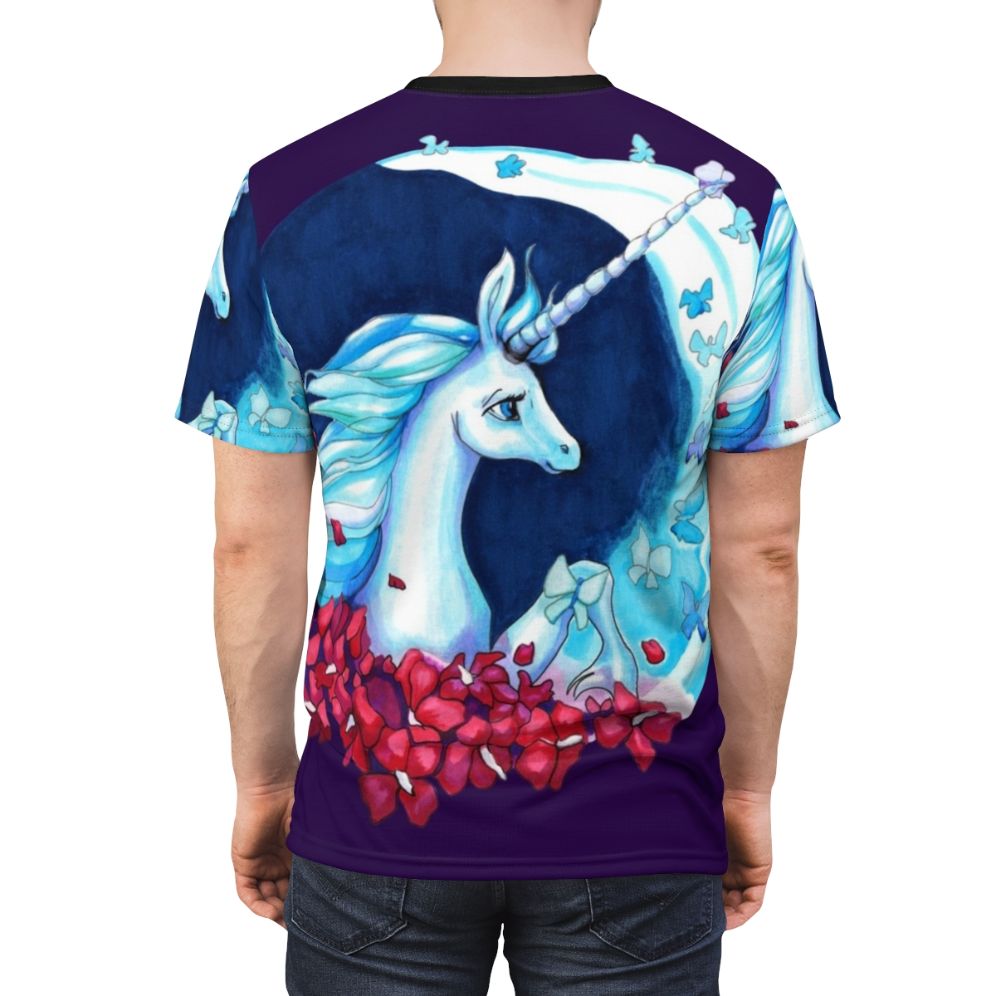 Enchanting moonlight unicorn t-shirt with blue butterflies and floral elements - men back