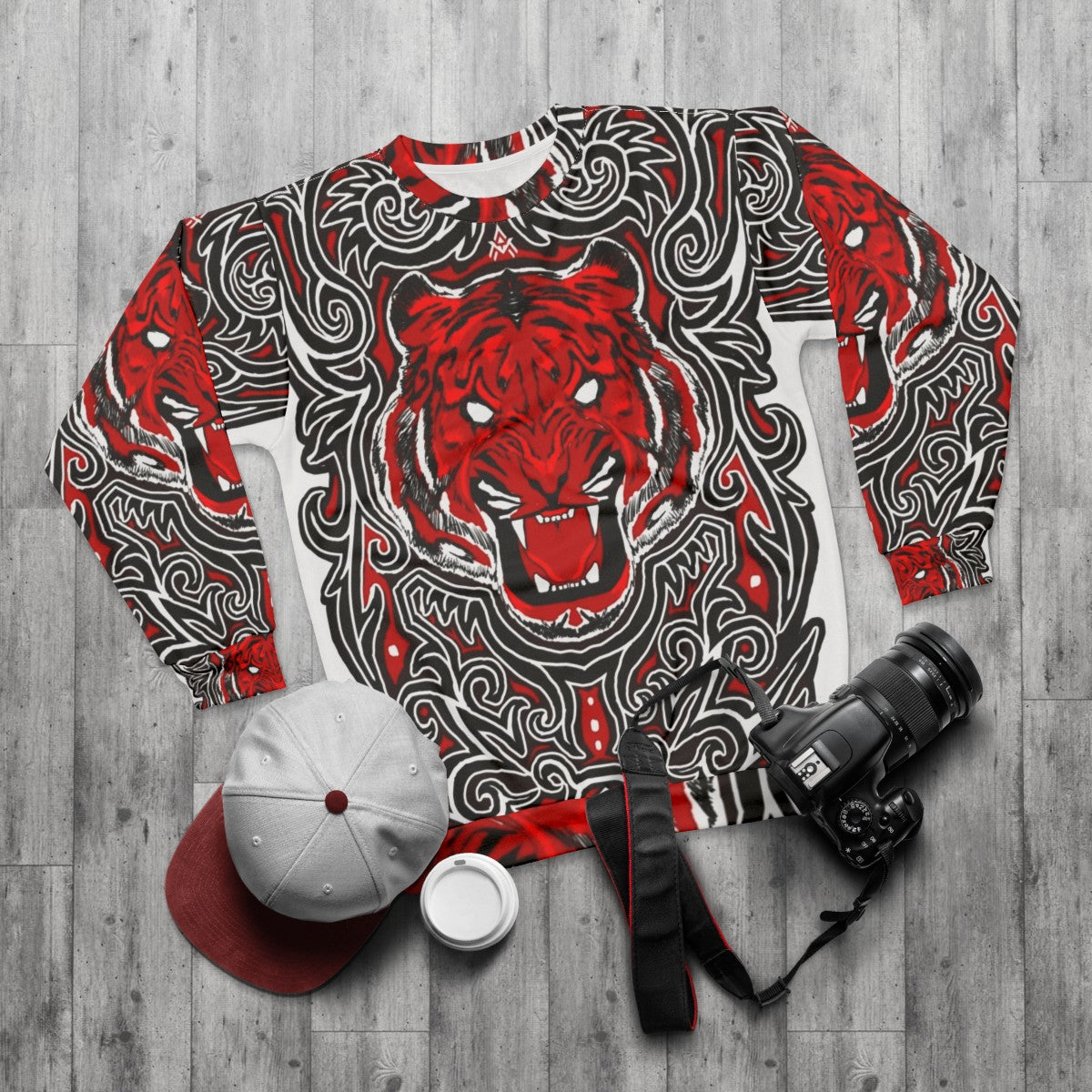 Batak Inspired Red Tiger Angry Monster Sweatshirt - flat lay