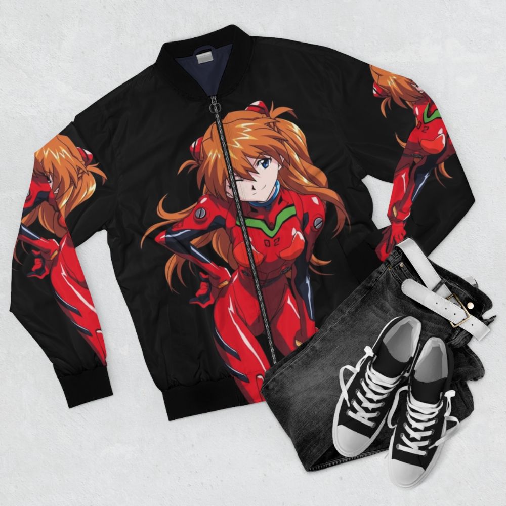 Neon Genesis Evangelion Asuka Anime Bomber Jacket - Flat lay