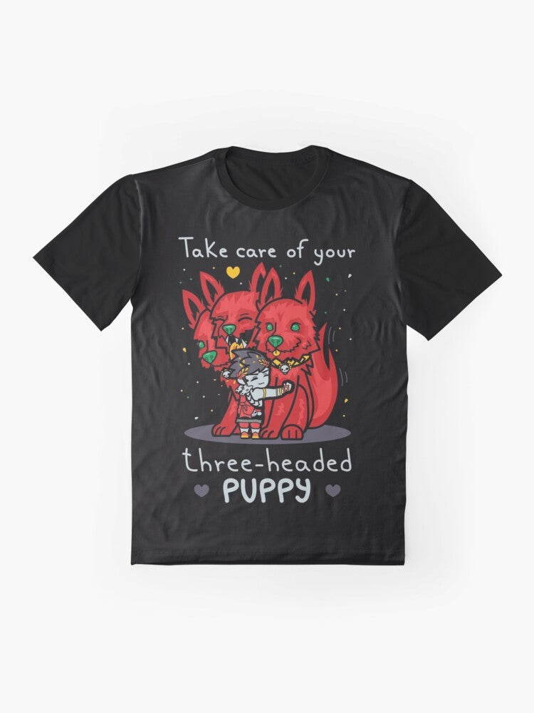 Graphic t-shirt featuring a cute three-headed puppy inspired by the Hades video game character Cerberus. - Flat lay