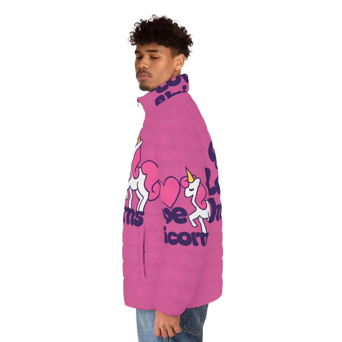 Vibrant puffer jacket featuring a colorful unicorn graphic design - men side left