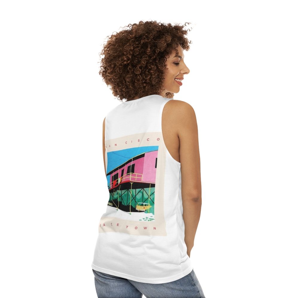 Unisex tank top with San Cisco's Gracetown album cover design - women back