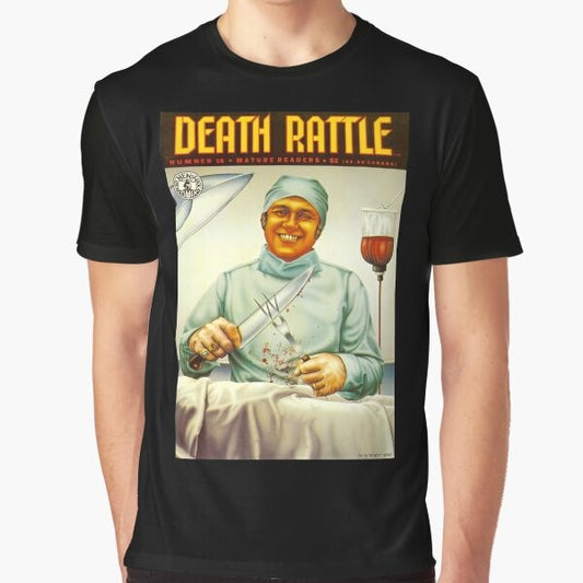 Vintage underground comic cover art "Death Rattle #16" horror graphic t-shirt design with blood, death, and monsters