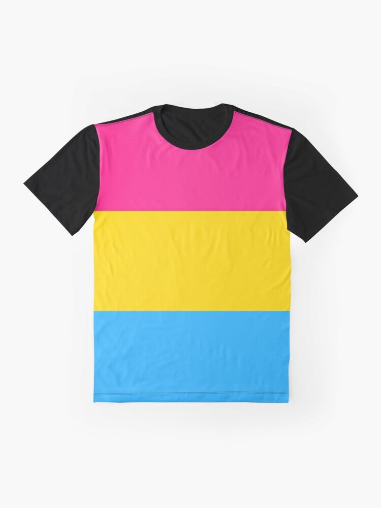 Vibrant pansexual pride flag design on a graphic t-shirt - Flat lay