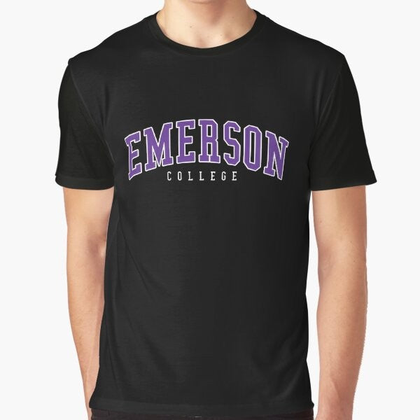 Emerson College Graphic T-Shirt featuring a curved college font logo design