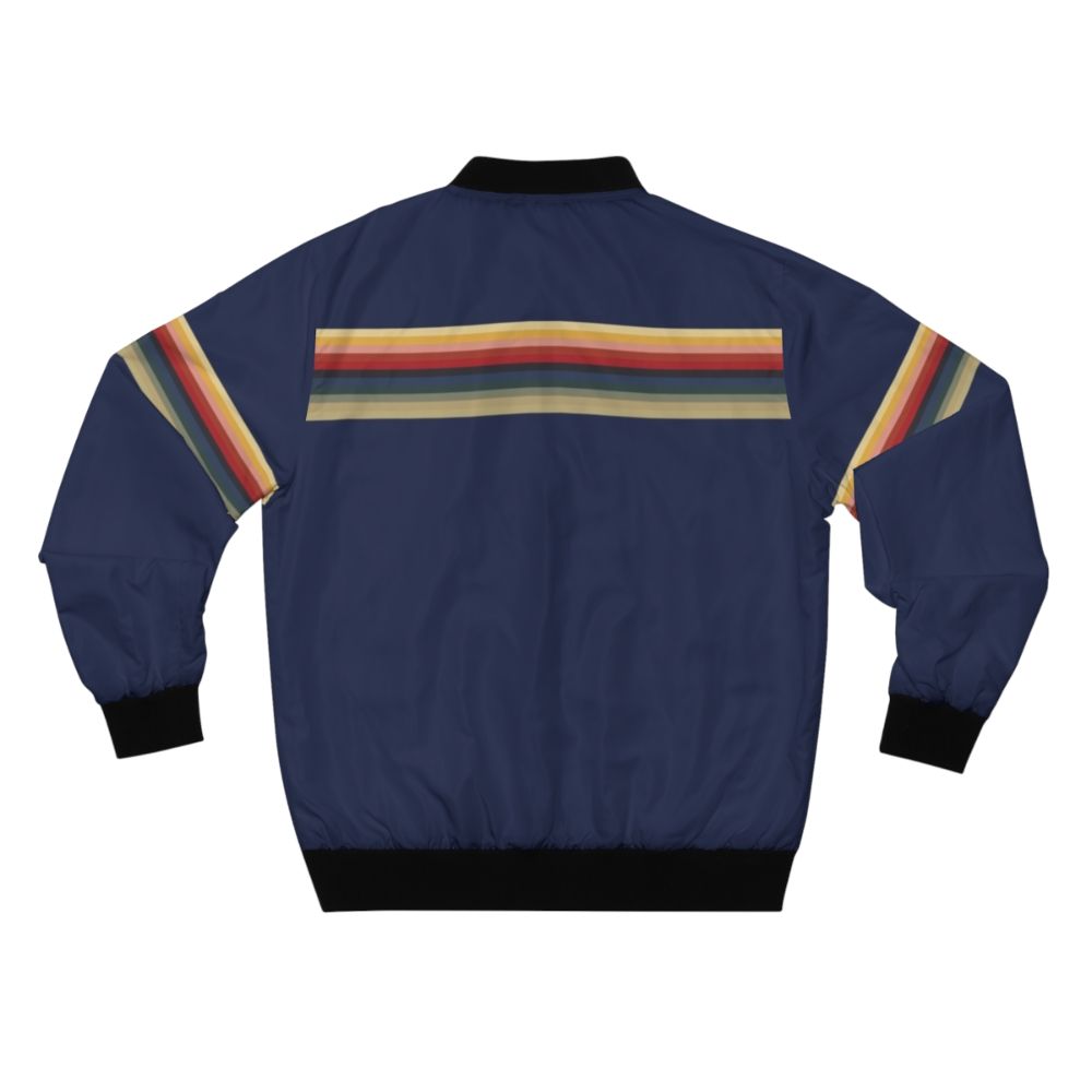 Thirteenth Doctor Bomber Jacket with rainbow lines pattern, featuring Jodie Whittaker's 13th Doctor from the sci-fi TV series. - Back