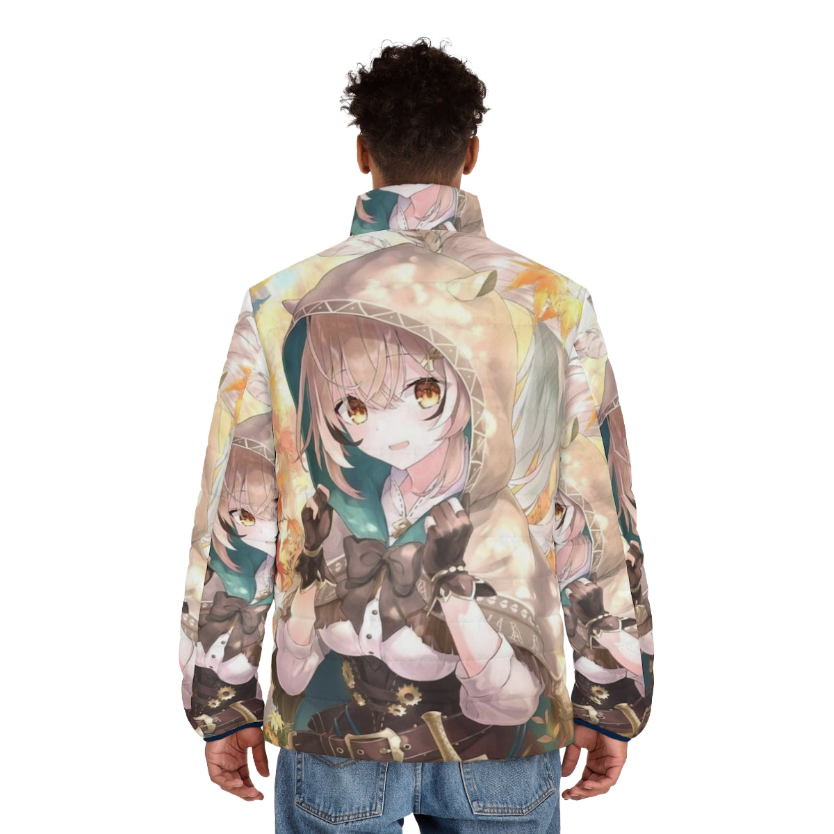 Anime girl Mumei wearing a cozy puffer jacket with a hood - men back