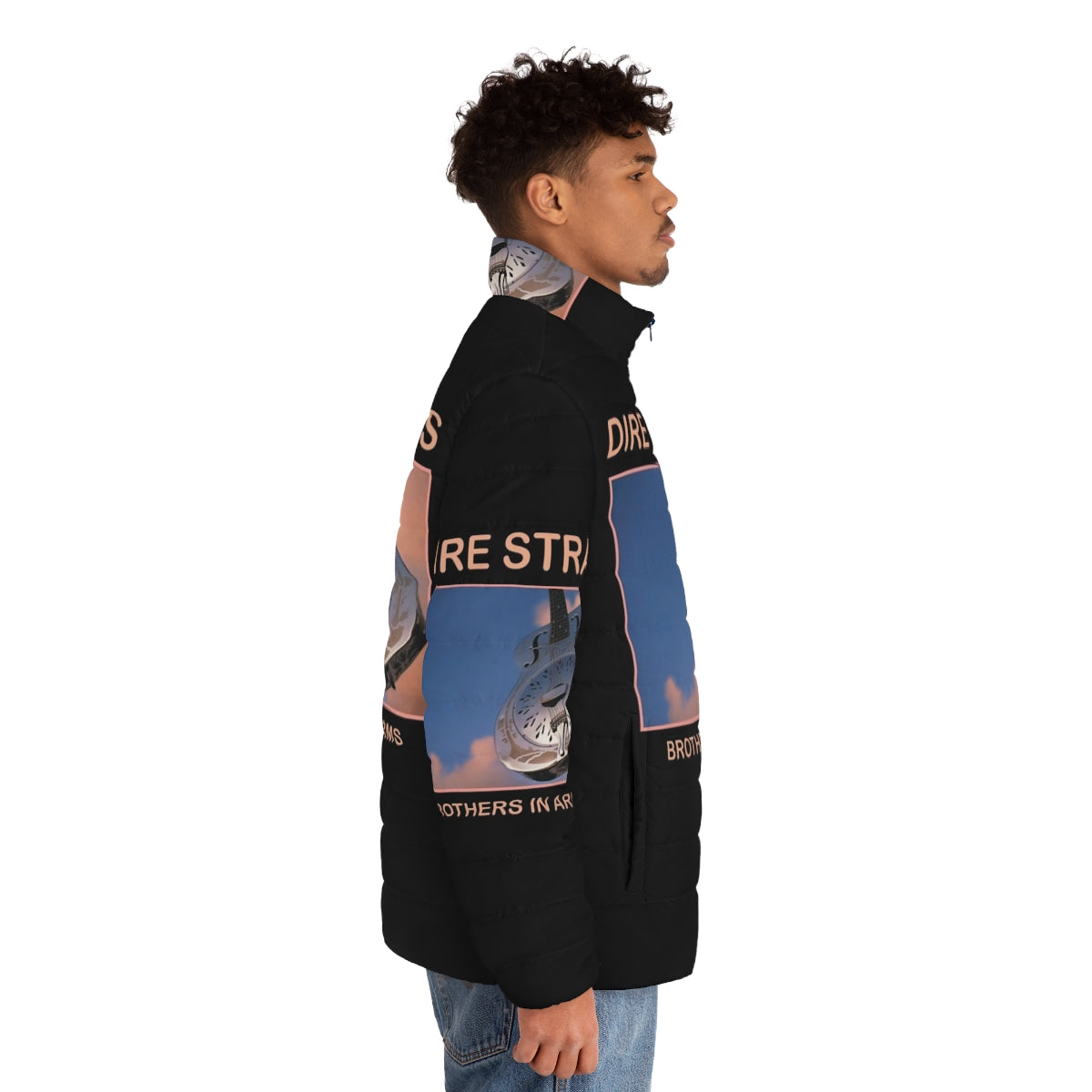 Dire Straits Puffer Jacket featuring the iconic band's logo and album artwork - men side right