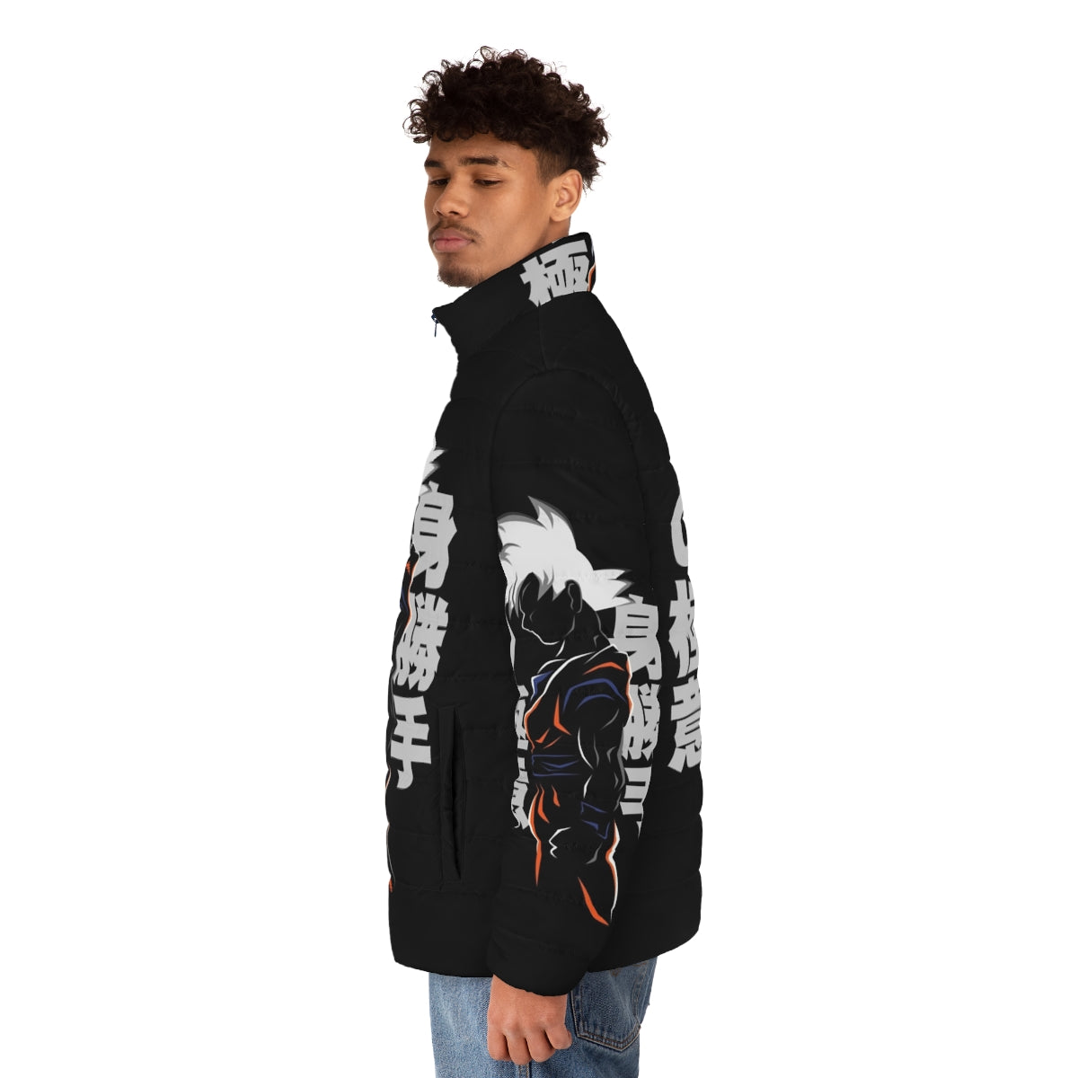 Anime-inspired Jpn Ui puffer jacket with Super Saiyan design - men side left