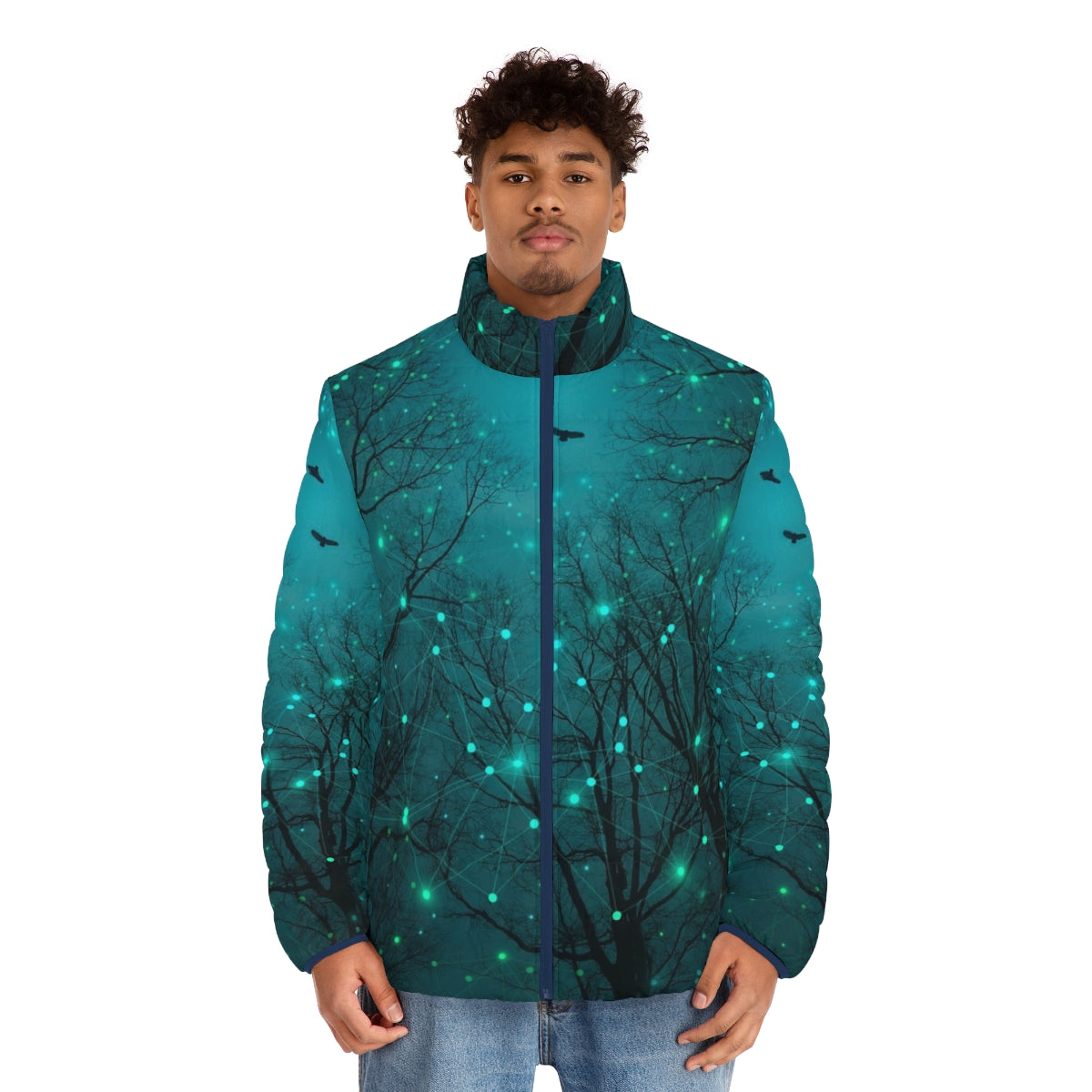 Puffer jacket featuring a glow-in-the-dark design of abstract tree silhouettes against a starry night sky - men front