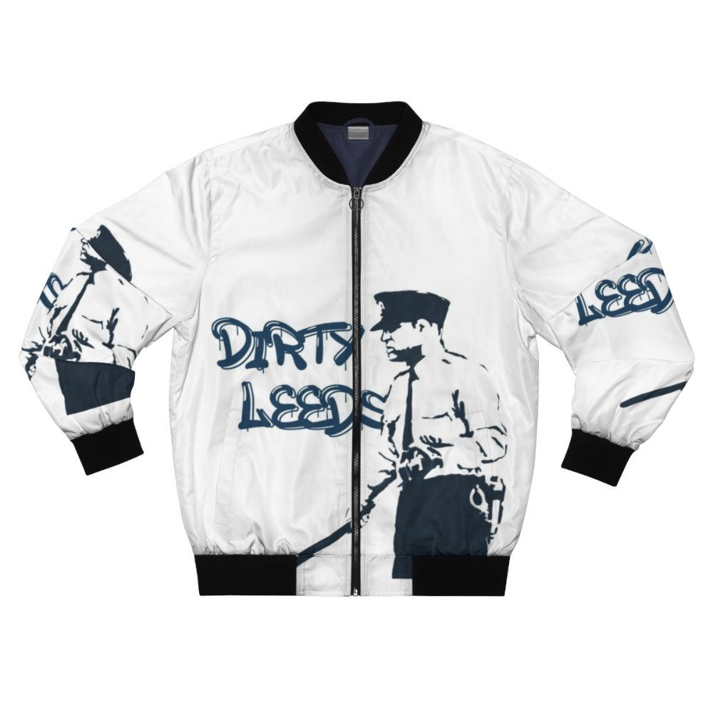 Leeds United bomber jacket with "Dirty Leeds" text