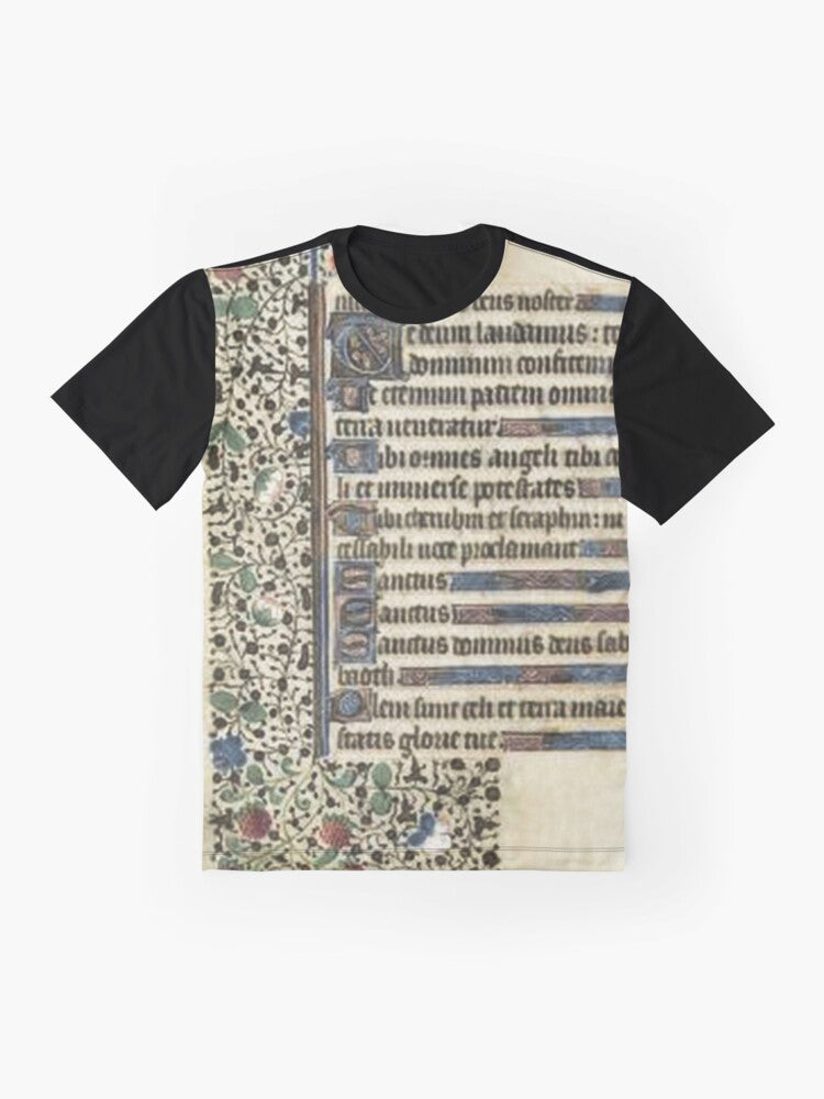 Intricate and ornate illuminated manuscript page design on a graphic t-shirt - Flat lay