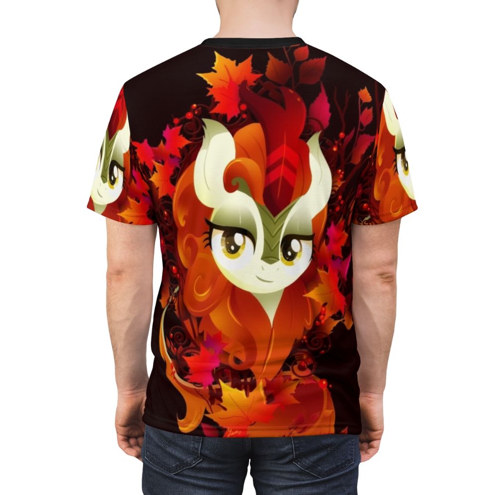 Vibrant digital art illustration of an autumn inspired fantasy creature on a t-shirt - men back