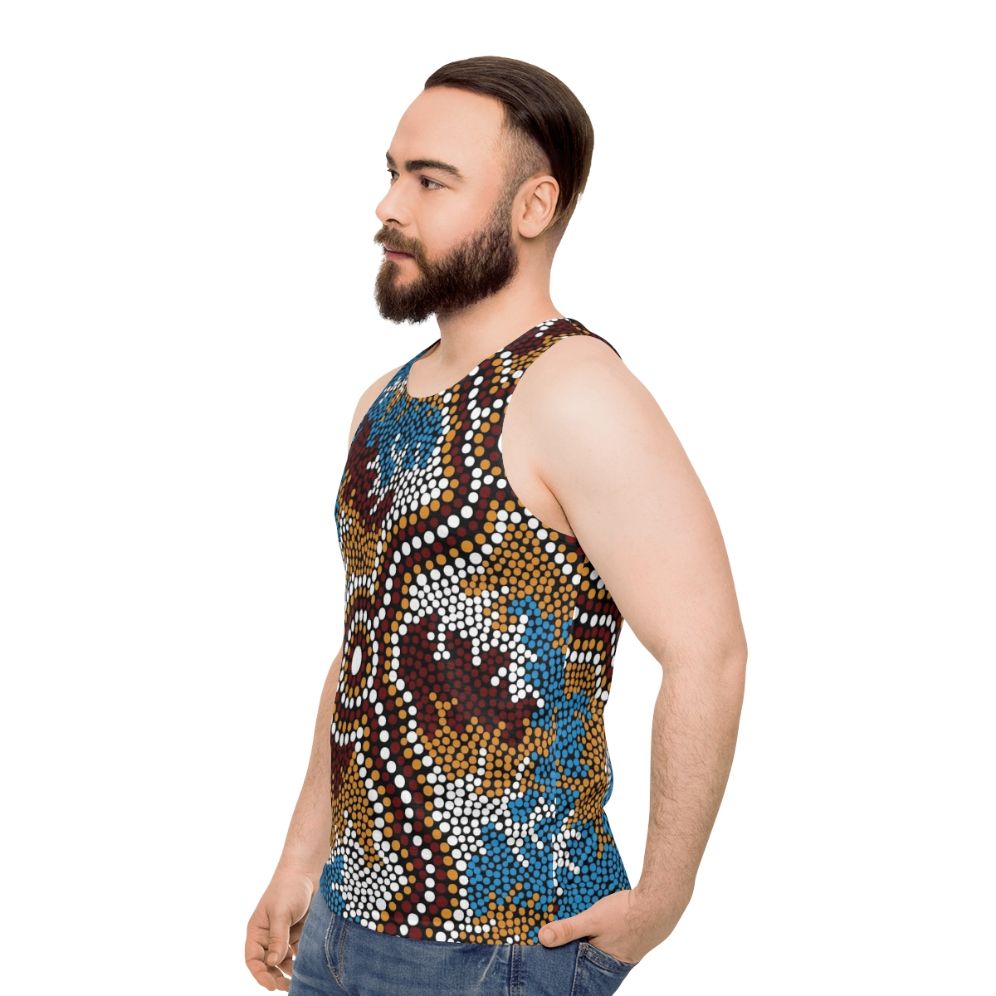 Unisex Tank Top with Aboriginal Art Depicting Wetland Dreaming - men side