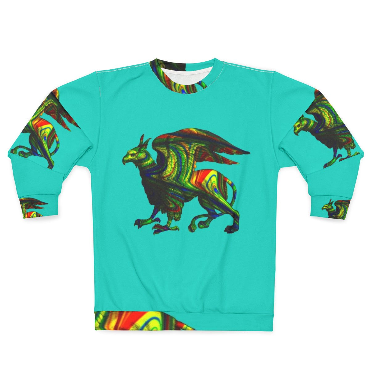 Colorful abstract griffin aqua sweatshirt with mythical creature silhouette art