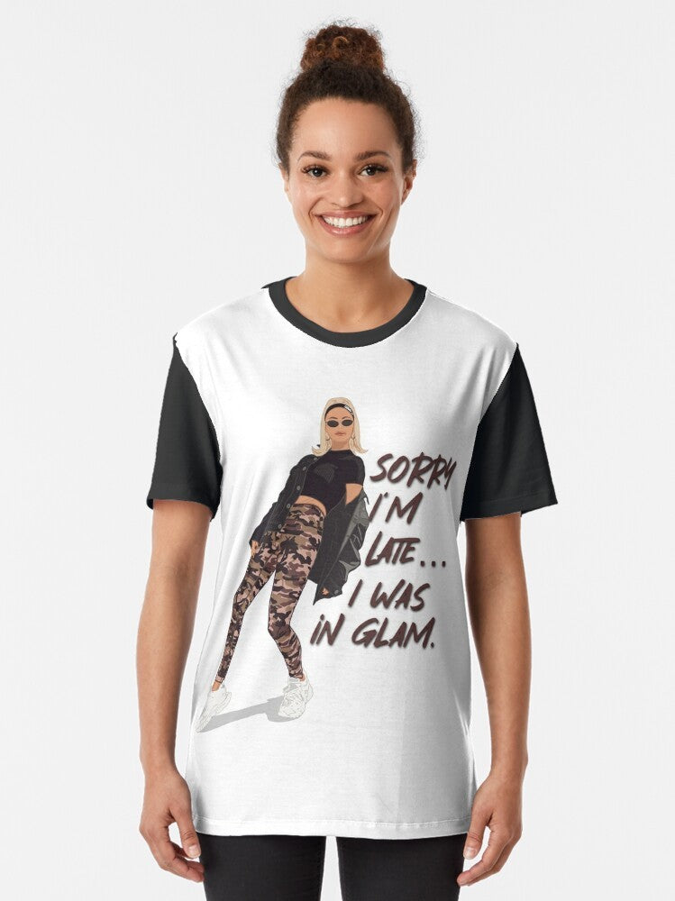 Dorit Kemsley "Sorry I'm Late I Was In Glam" graphic t-shirt, featuring a design for fans of the Real Housewives of Beverly Hills TV show. - Women