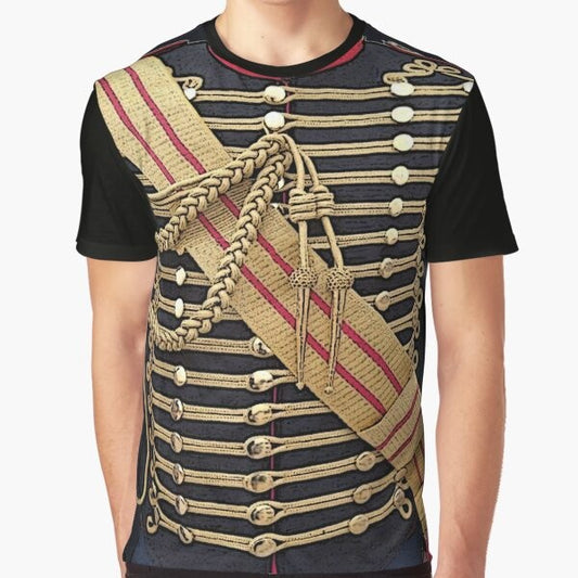 Graphic t-shirt featuring a simulated military uniform with a blue hussar jacket and gold trim