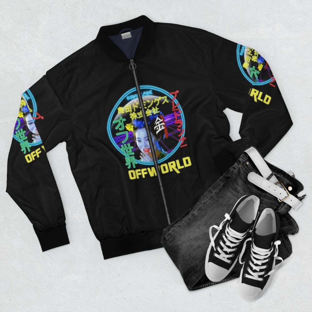 Futuristic Blade Runner sci-fi inspired bomber jacket with neon elements and retro design - Flat lay