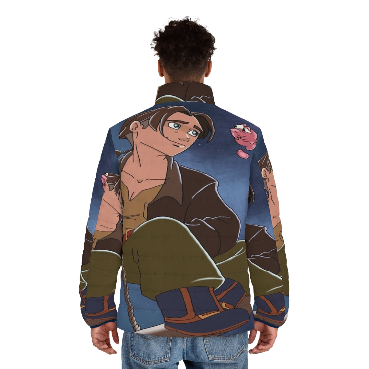 Treasure Planet inspired puffer jacket with space and galaxy graphics - men back