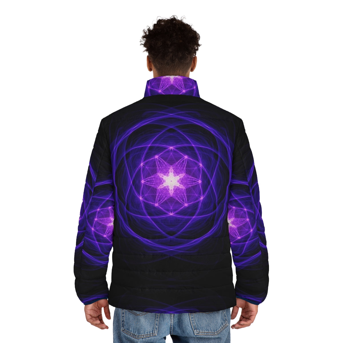 Energetic geometry indigo puffer jacket with sacred geometry elements - men back