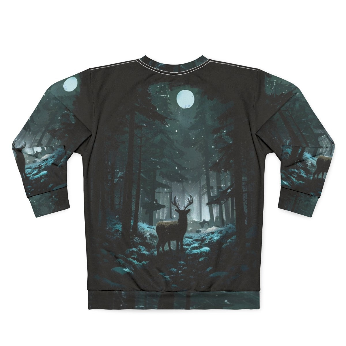 Cozy winter woods deer sweatshirt with snowy landscape and moonlight - Back