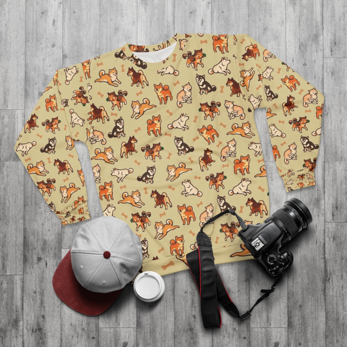 Shiba Inu Cream Sweatshirt with Cute Dog Pattern Design - flat lay