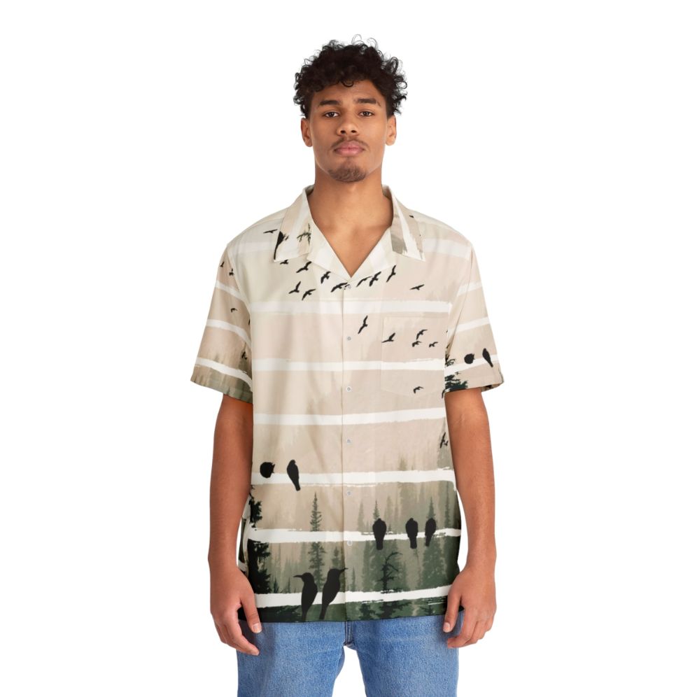 Sunset Hawaiian shirt with birds watching in misty forest landscape - People Front