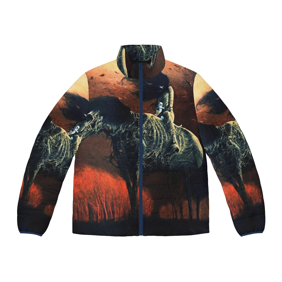 Surreal puffer jacket featuring Zdzislaw Beksinski's Untitled Horse Rider painting