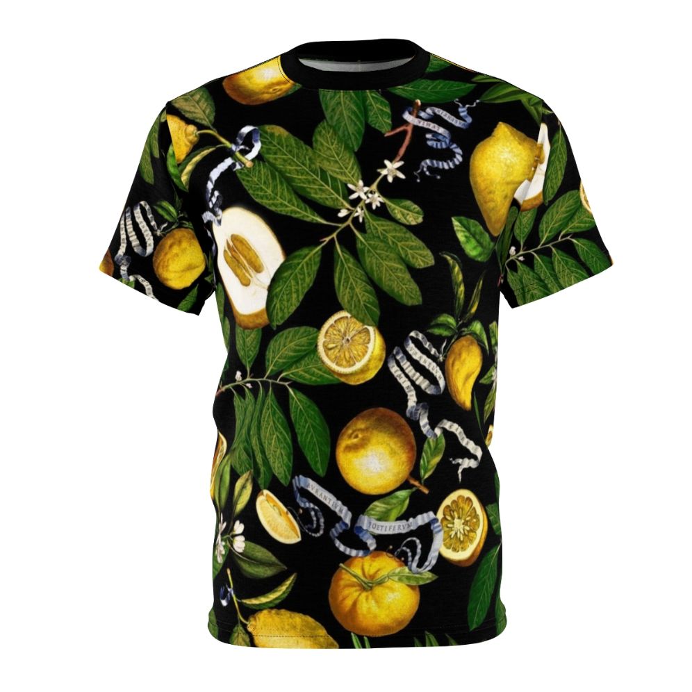 A stylish t-shirt featuring a vibrant lemon tree botanical design with tropical leaves and foliage.