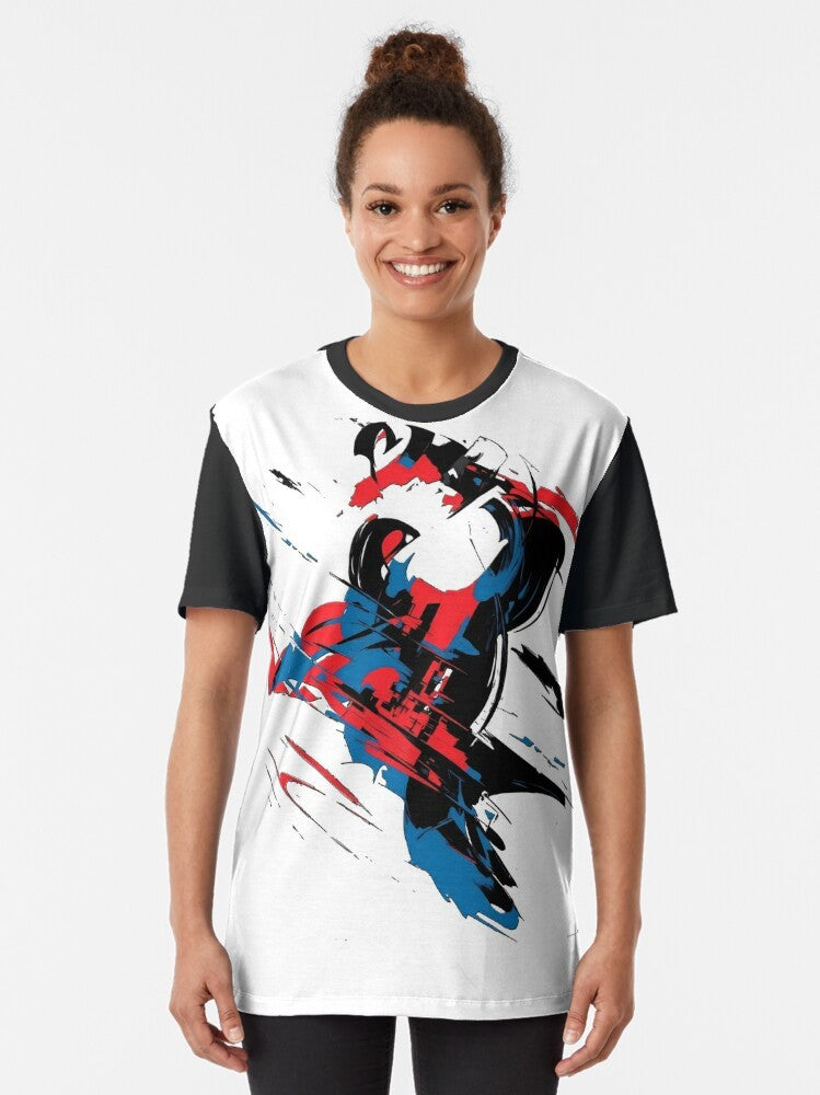 Stylish graphic t-shirt featuring Miguel O'Hara, the Spider-Man of the Spider-Verse 2099 universe. - Women