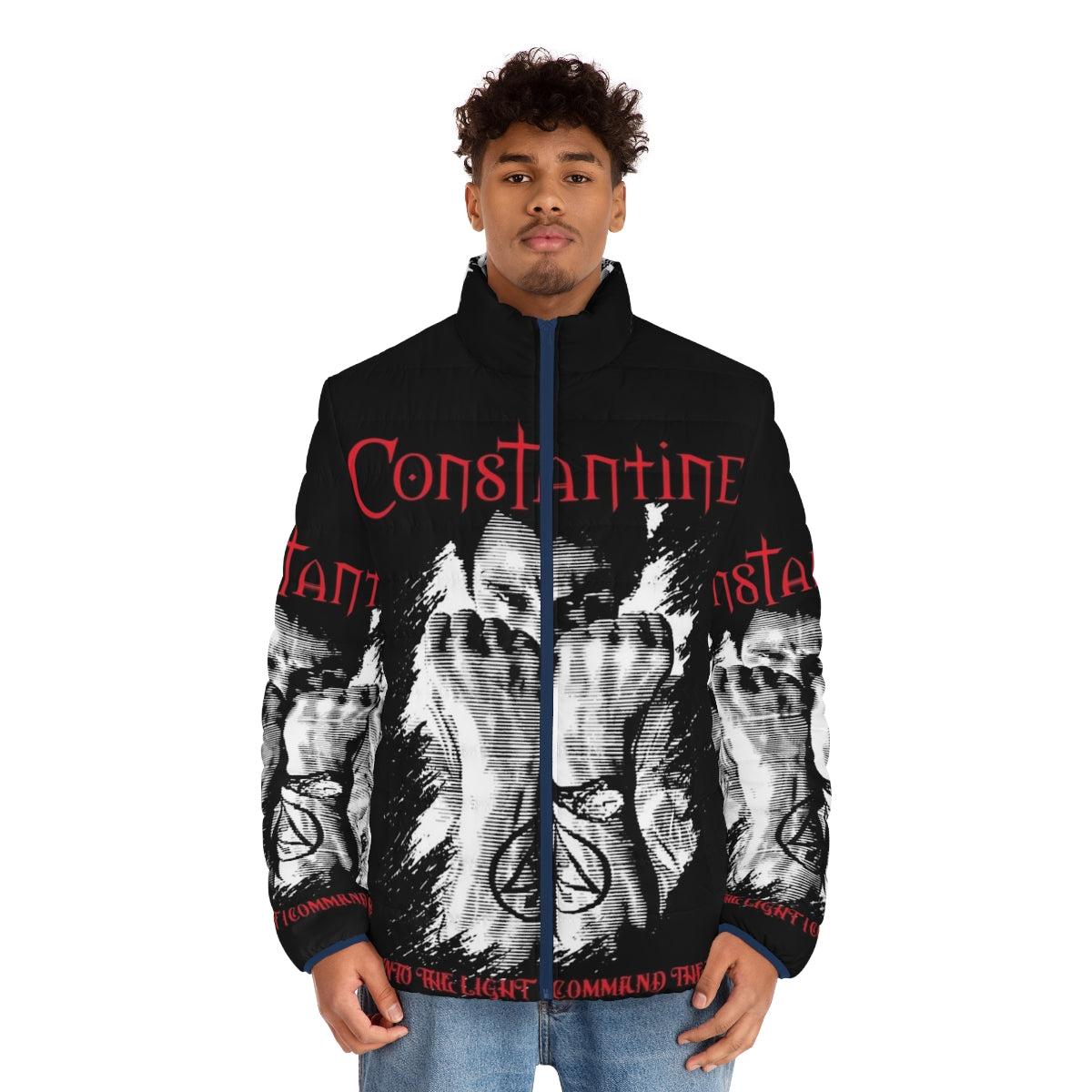 J Constantine Puffer Jacket - Featuring Horror, Comic, and Gothic Inspired Designs - men front