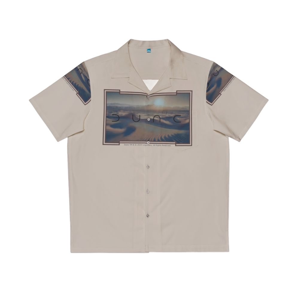 Dune-inspired greyish beige Hawaiian shirt with desert and sci-fi elements