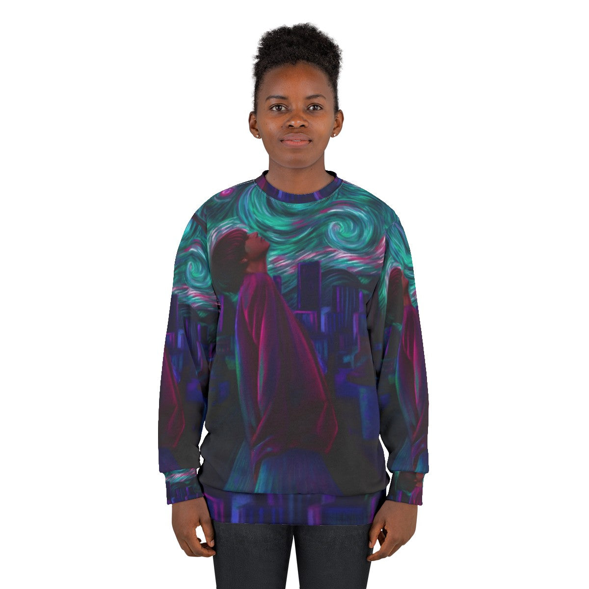 Starry Night Sweatshirt featuring a cityscape inspired by Van Gogh's painting - women