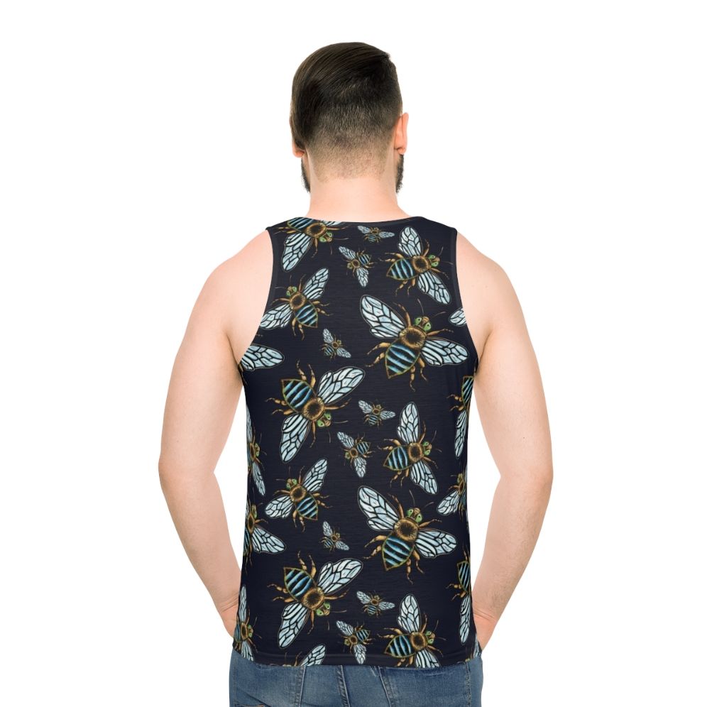 Unisex Lino Print Blue Banded Bee Tank Top - men back