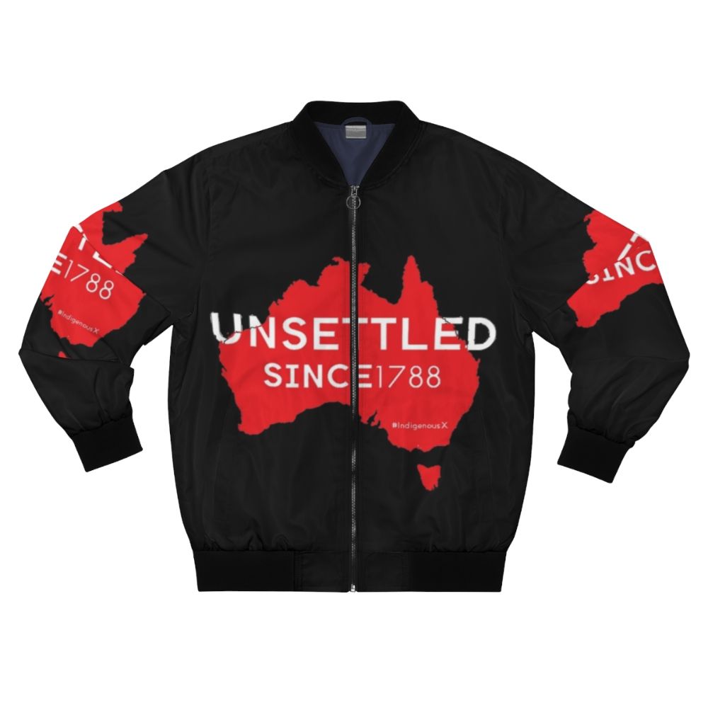 Unsettled Since 1788 (Red) Bomber Jacket, featuring indigenous Australian design