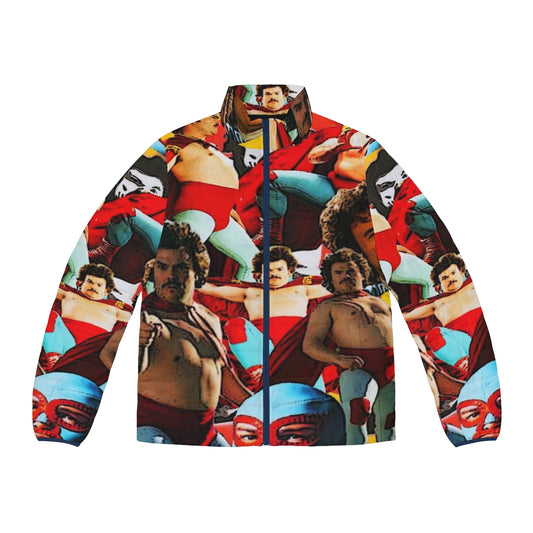 Nacho Libre-inspired puffer jacket with luchador design