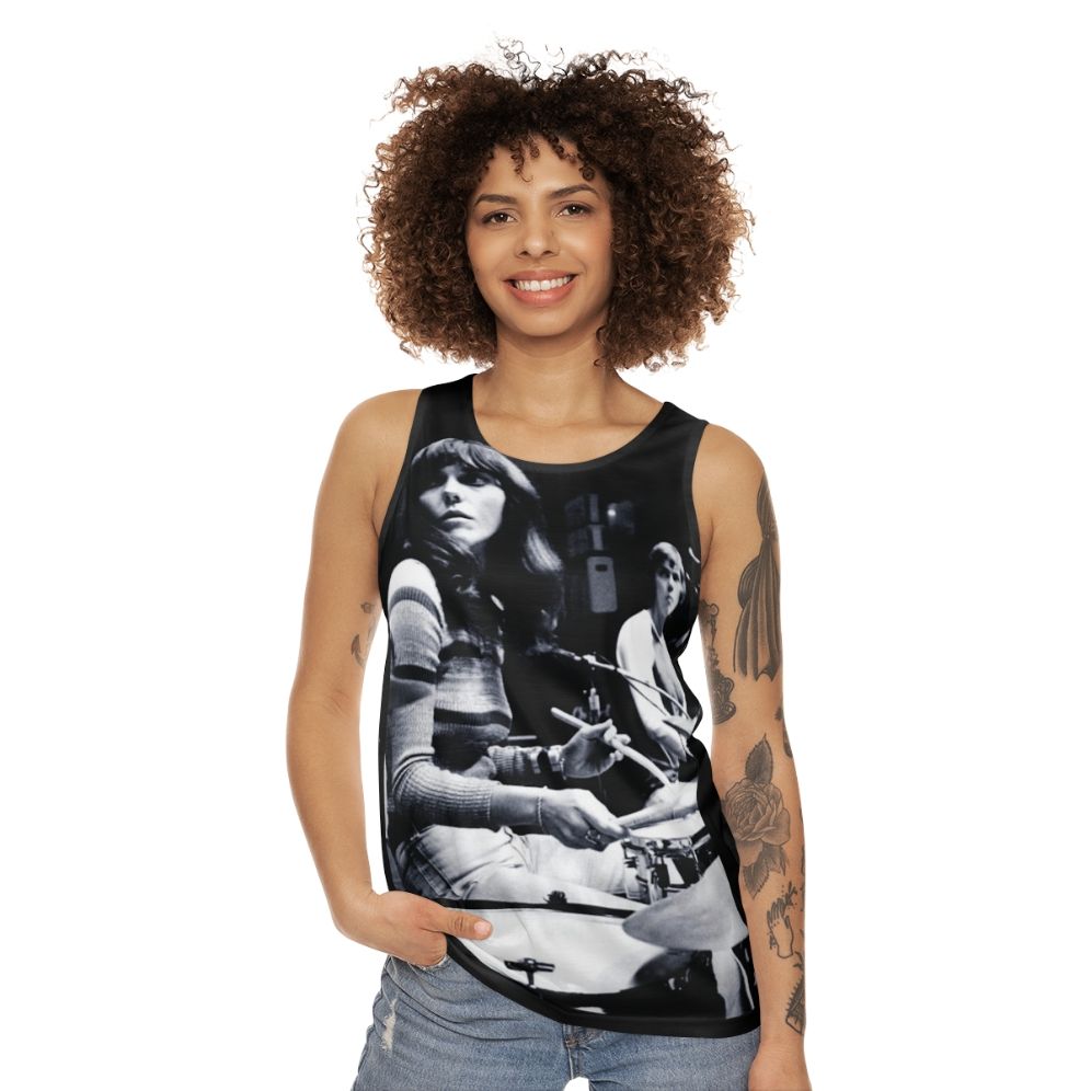 Unisex vintage 70s tank top featuring Karen Carpenter, legendary Carpenters drummer - women