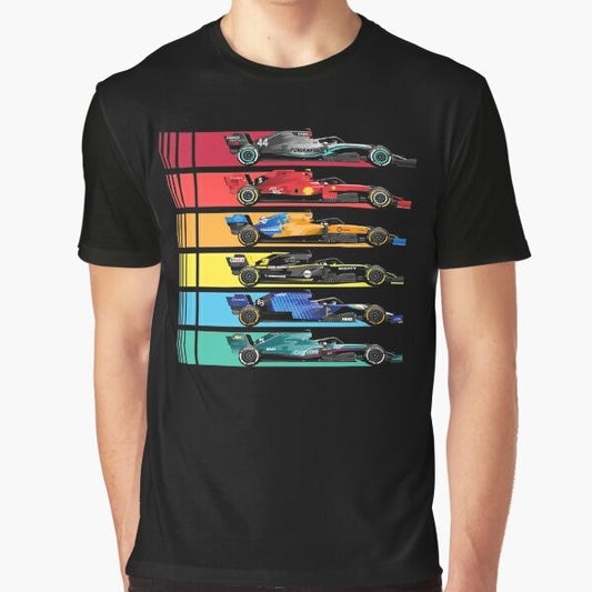 Formula racing cars graphic t-shirt for motorsport enthusiasts in 2023