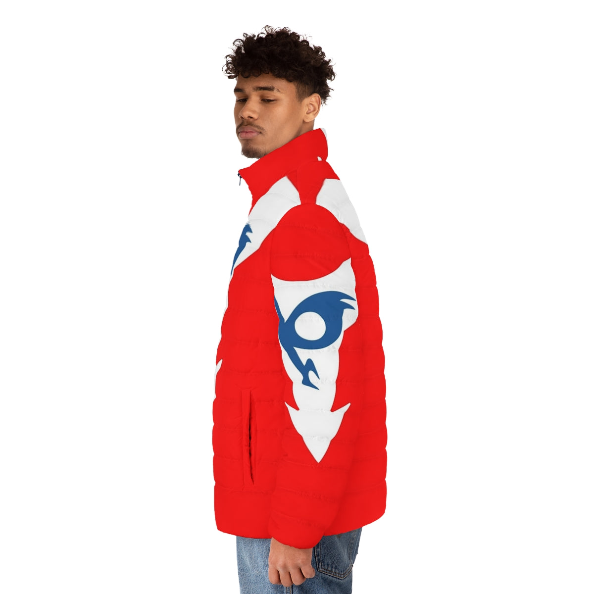 A stylish puffer jacket featuring the character Hurricane Polimar from anime and manga. - men side left